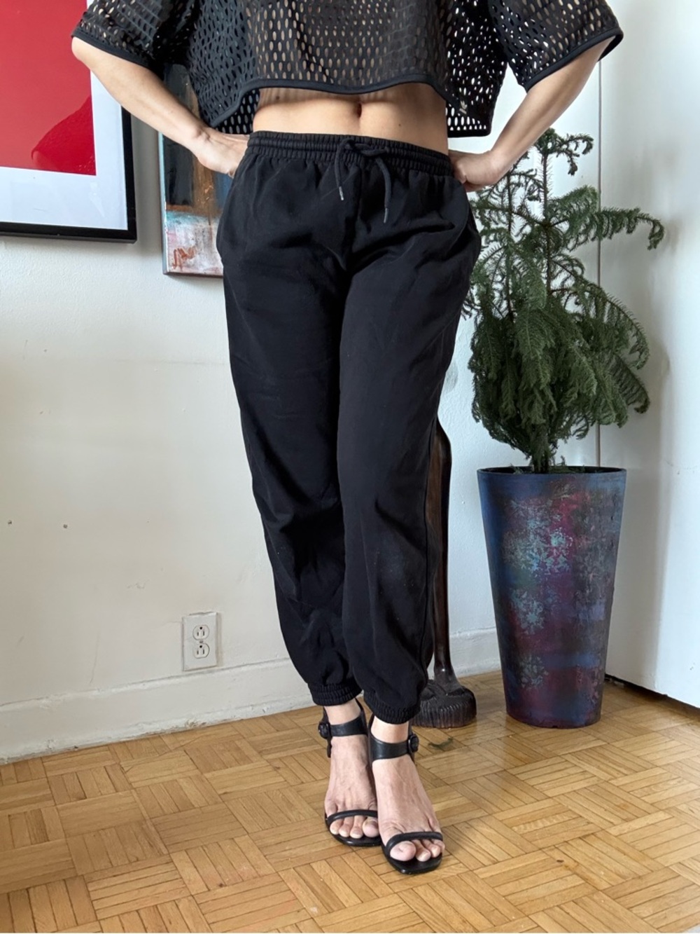 Black Elastic-Waist Jogger Pants with Cuffed Ankles
